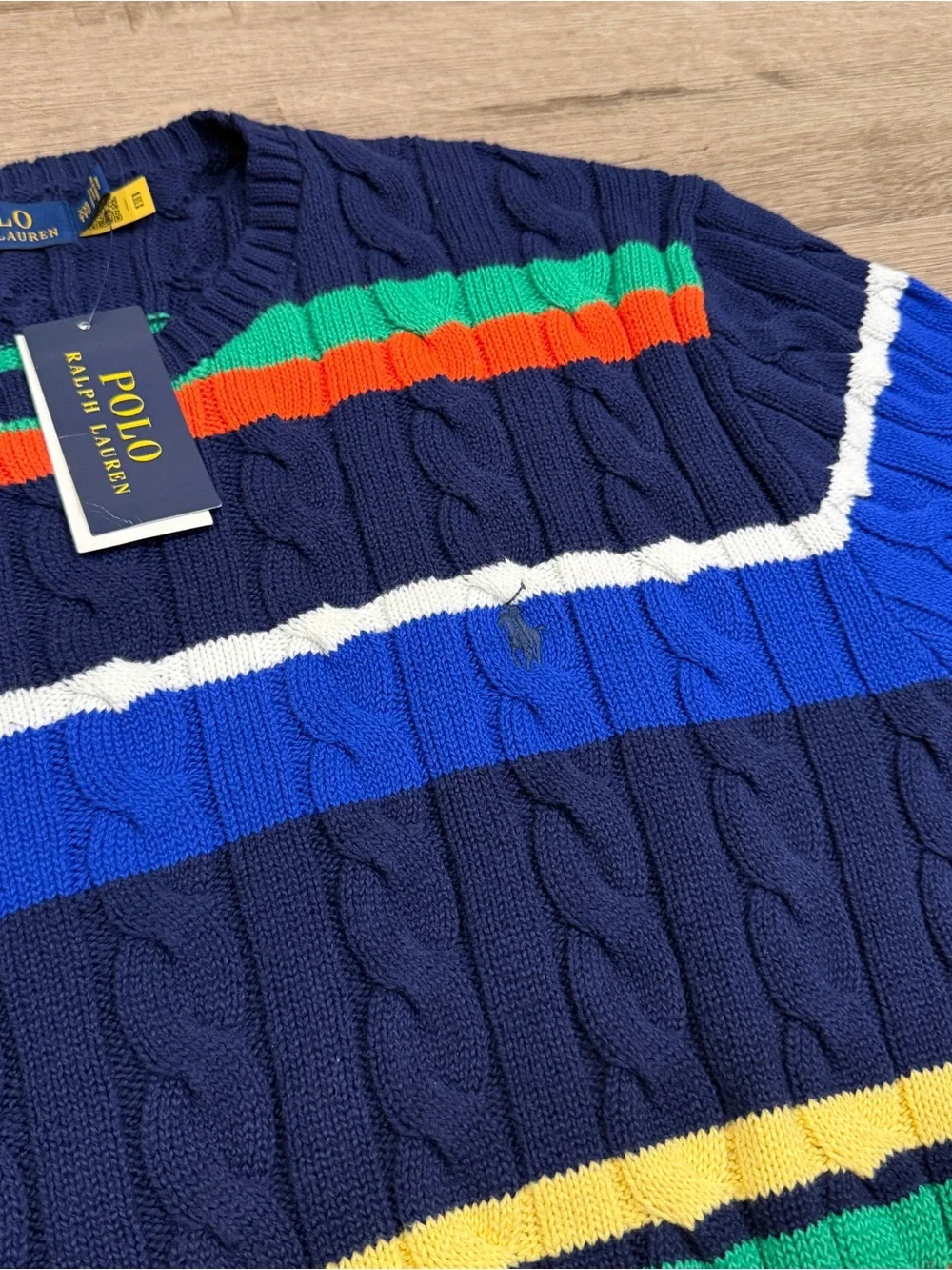NWT Ralph Lauren Polo Men’s XL Multi Color Striped Cable Knit Cotton Sweater